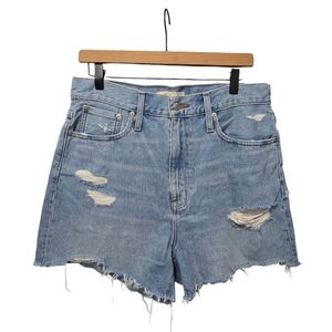 Madewell the Mom Jean Short Denim Blue Shorts Women High Rise Frayed Hem Size 29